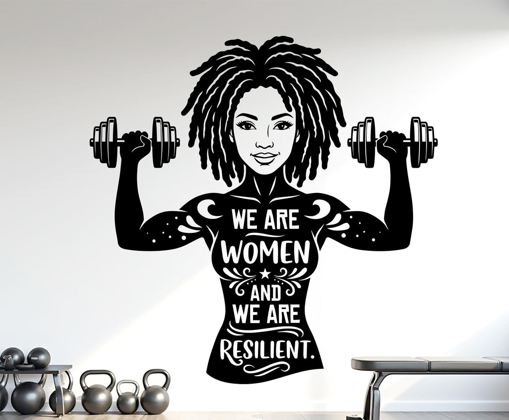We are Women and we are Resilient Gym Wall Decal Afro Girl Power fitness Quote Decor Workout Art Vinyl Stickers Workout Girl Home gym 1177RS