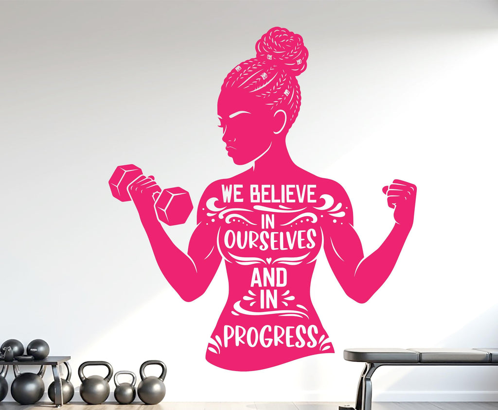 We Believe in ourselves and in Progress Gym Wall Decal Afro Girl Power fitness Quote Decor Vinyl Stickers Workout Girl Home gym 1178RS