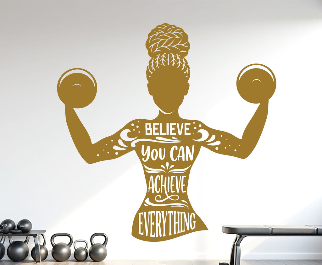 Believe you can Achieve Everything Gym Wall Decal Afro Girl Power fitness Quote Decor Vinyl Stickers Workout Girl Home gym 1179RS