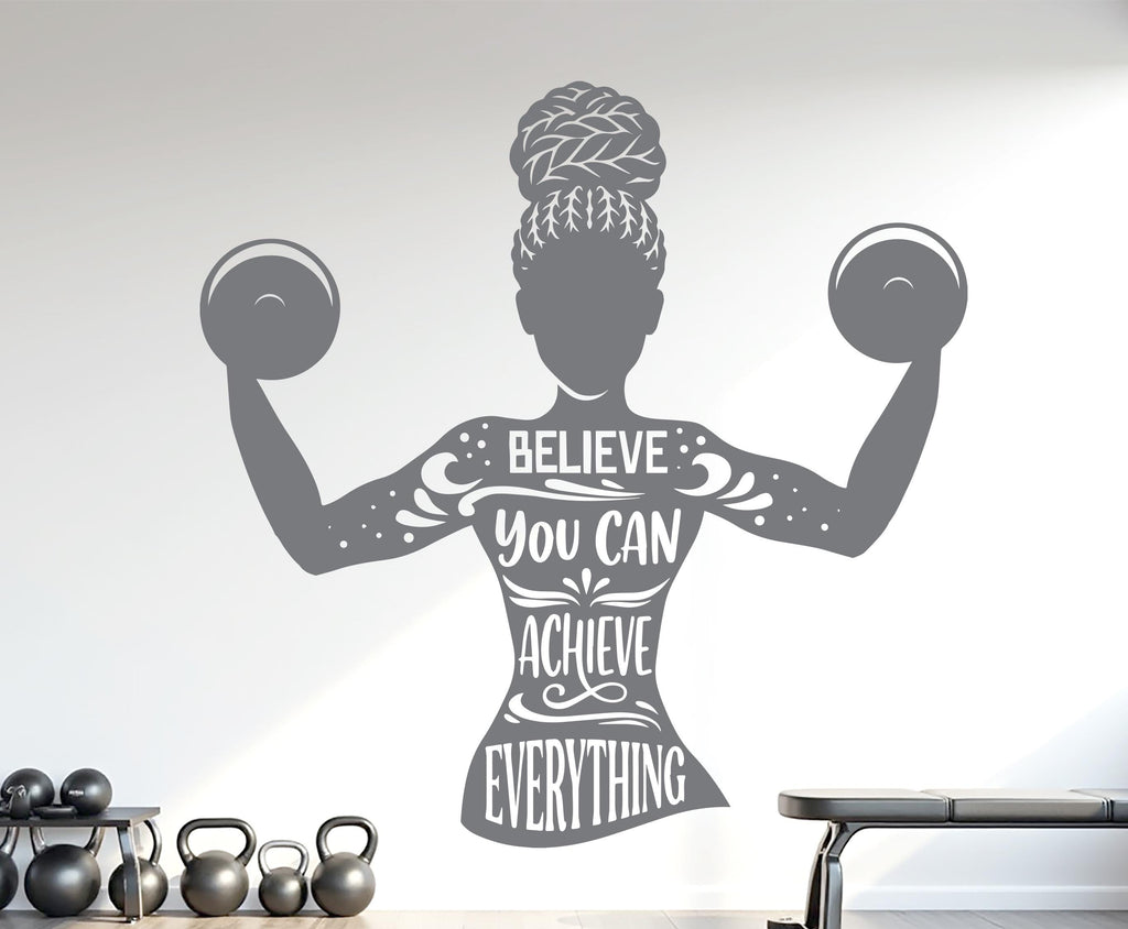 Believe you can Achieve Everything Gym Wall Decal Afro Girl Power fitness Quote Decor Vinyl Stickers Workout Girl Home gym 1179RS