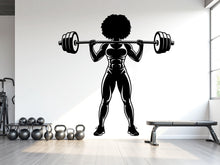 Load image into Gallery viewer, May include: Black and white illustration of a muscular person lifting a barbell overhead. The figure has an afro and is wearing athletic attire. The image is a silhouette, suitable for gym decor or fitness-themed designs.