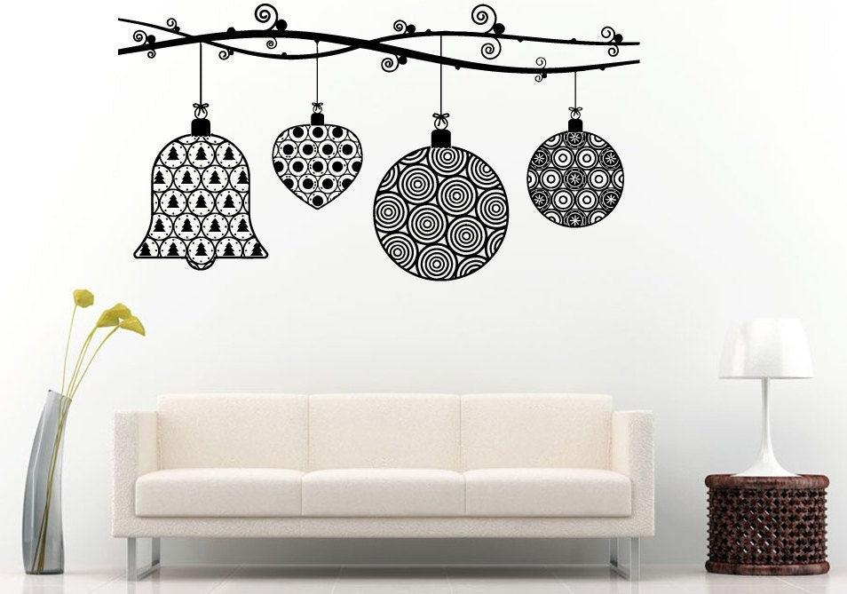 Christmas Holiday Decorations Tree Branch Snowflake Ornament Bells Love Hearts Wall Decal Vinyl Sticker Mural Room Decor L1108