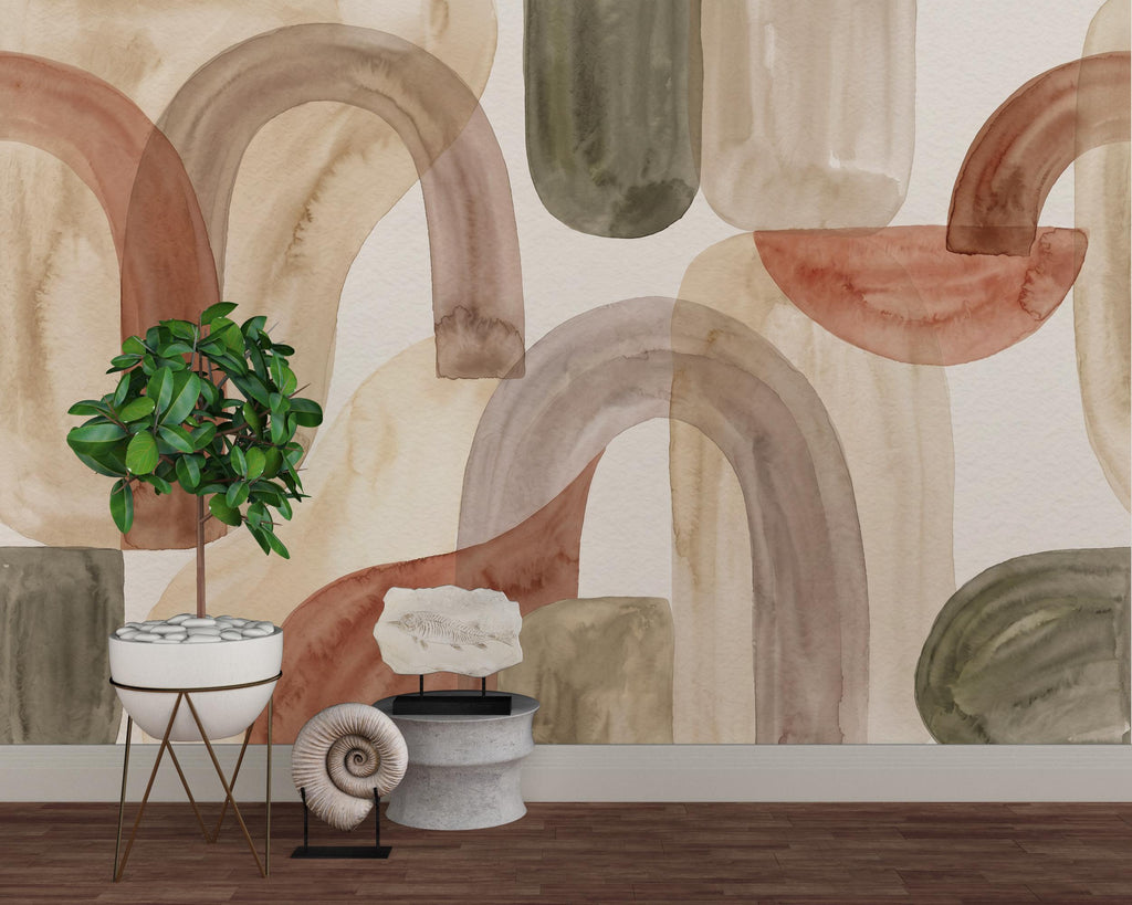 Abstract Watercolor Wallpaper | Neutral Geometric Wall Mural | Boho Japandi Wallpaper | Modern Minimalist Peel and Stick Decor