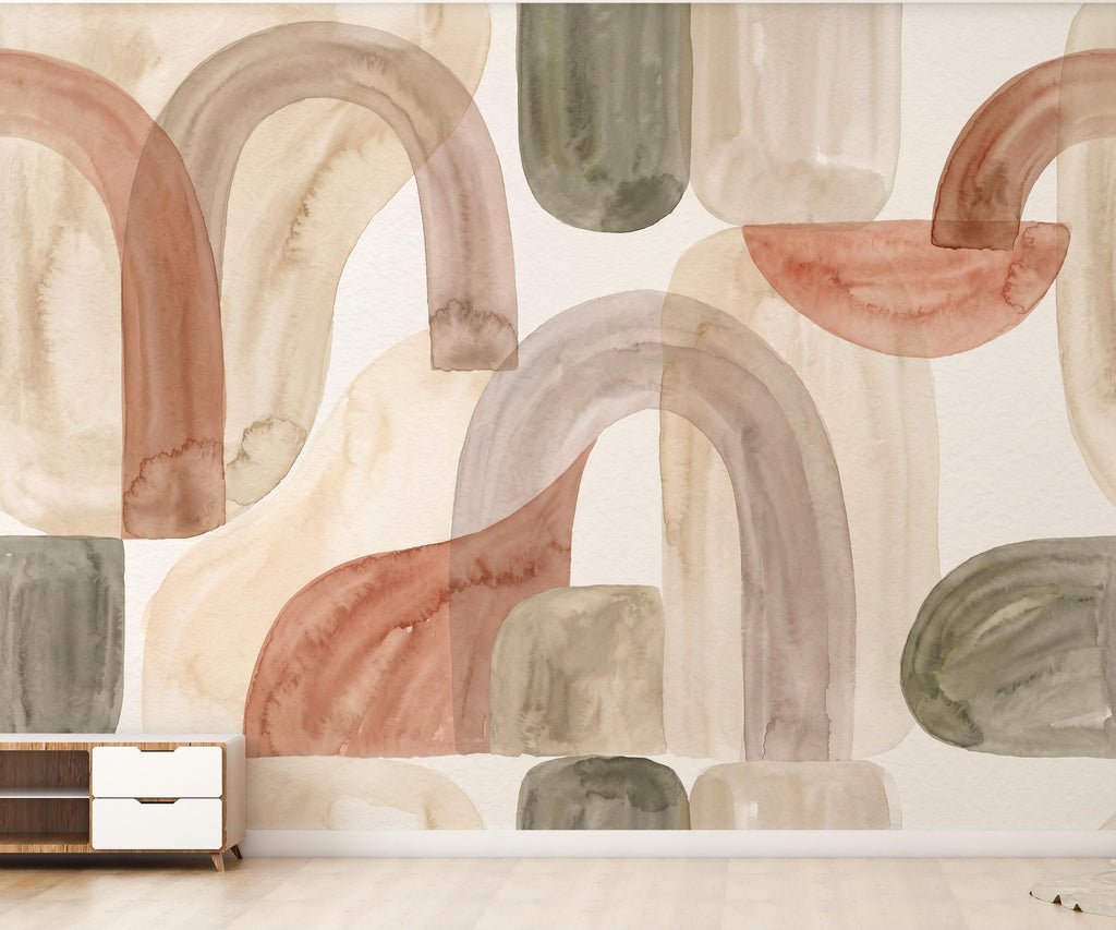 Abstract Watercolor Wallpaper | Neutral Geometric Wall Mural | Boho Japandi Wallpaper | Modern Minimalist Peel and Stick Decor
