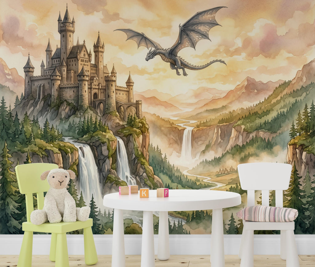 Castle Wall Mural, Fairy Tale Kingdom Wallpaper, Watercolor Waterfall Landscape, Magic Mountain Nursery Art, Dragon Peel and Stick Mural