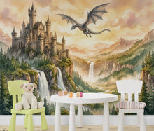 Load image into Gallery viewer, Castle Wall Mural, Fairy Tale Kingdom Wallpaper, Watercolor Waterfall Landscape, Magic Mountain Nursery Art, Dragon Peel and Stick Mural
