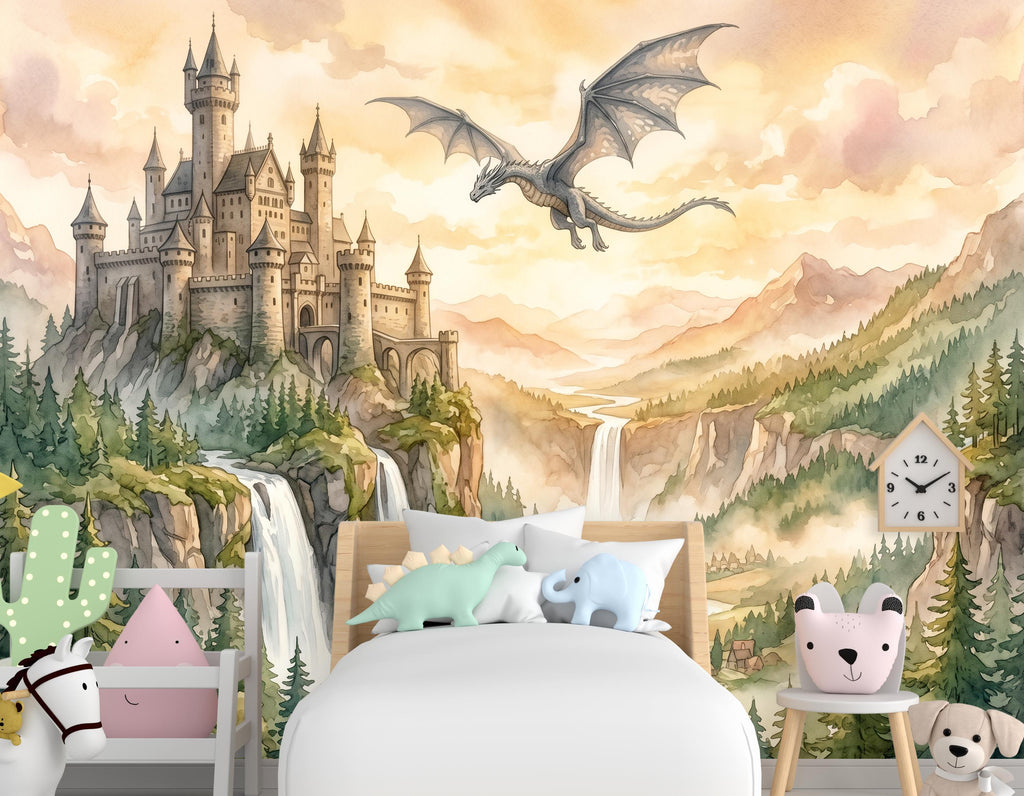 Castle Wall Mural, Fairy Tale Kingdom Wallpaper, Watercolor Waterfall Landscape, Magic Mountain Nursery Art, Dragon Peel and Stick Mural