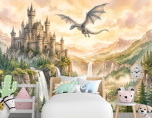 Load image into Gallery viewer, Castle Wall Mural, Fairy Tale Kingdom Wallpaper, Watercolor Waterfall Landscape, Magic Mountain Nursery Art, Dragon Peel and Stick Mural
