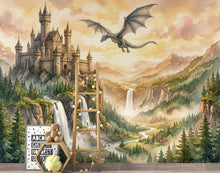 Load image into Gallery viewer, Castle Wall Mural, Fairy Tale Kingdom Wallpaper, Watercolor Waterfall Landscape, Magic Mountain Nursery Art, Dragon Peel and Stick Mural