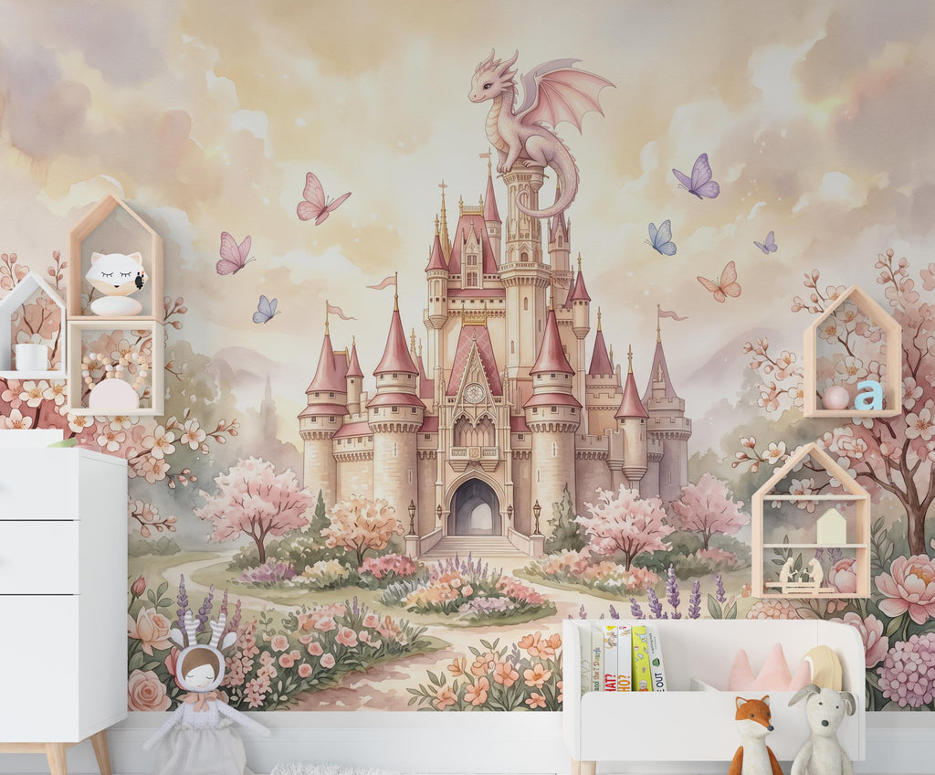 Castle Wall Mural, Fairy Tale Kingdom Wallpaper, Watercolor Waterfall Landscape, Magic Mountain Nursery Art, Dragon Peel and Stick Mural