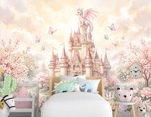 Load image into Gallery viewer, Castle Wall Mural, Fairy Tale Kingdom Wallpaper, Watercolor Waterfall Landscape, Magic Mountain Nursery Art, Dragon Peel and Stick Mural