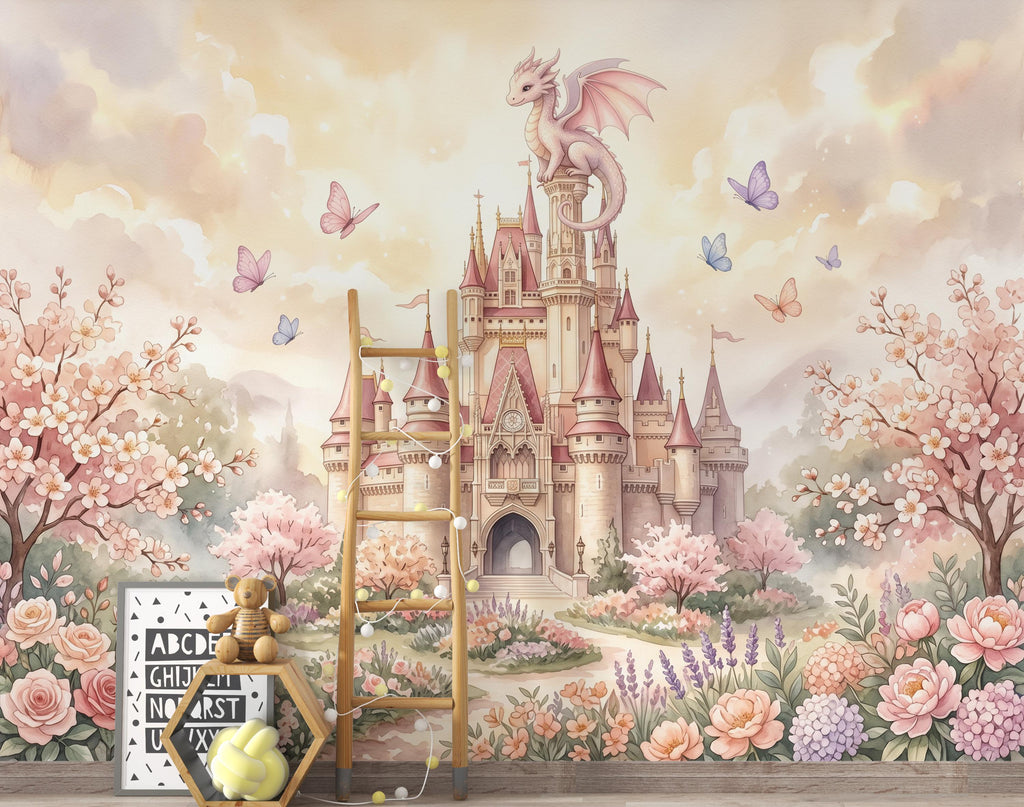 Castle Wall Mural, Fairy Tale Kingdom Wallpaper, Watercolor Waterfall Landscape, Magic Mountain Nursery Art, Dragon Peel and Stick Mural
