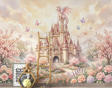 Load image into Gallery viewer, Castle Wall Mural, Fairy Tale Kingdom Wallpaper, Watercolor Waterfall Landscape, Magic Mountain Nursery Art, Dragon Peel and Stick Mural