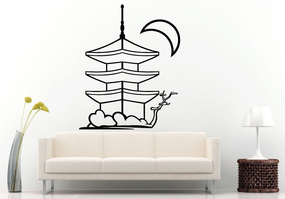Pagoda Chinese Japanese Asian Eastern Architecture Building House Moon Wall Decal Vinyl Sticker Mural Room Decor L1113