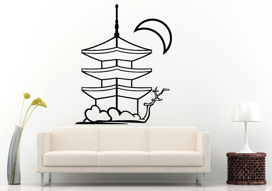 Pagoda Chinese Japanese Asian Eastern Architecture Building House Moon Wall Decal Vinyl Sticker Mural Room Decor L1113