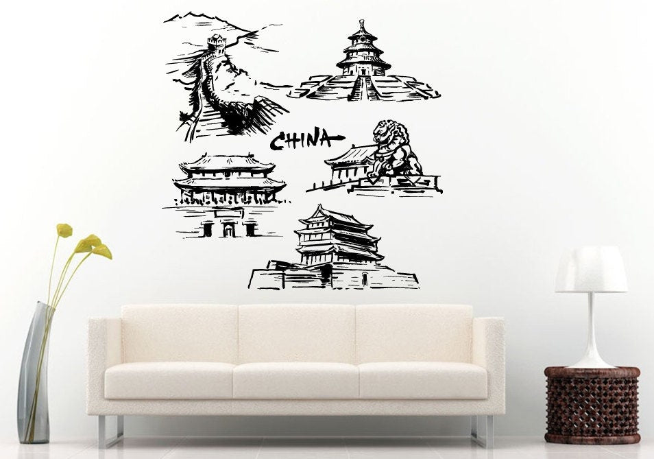 Pagoda Chinese Japanese Asian Eastern Architecture Building House Sun Sunset Wall Decal Vinyl Sticker Mural Room Decor L1118