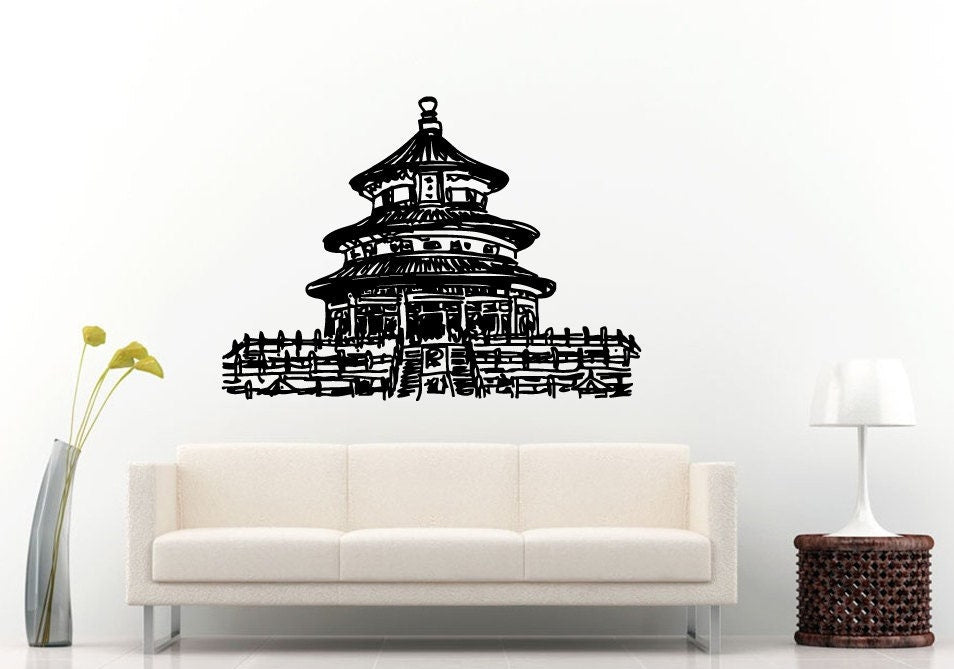 Pagoda Chinese Japanese Asian Eastern Architecture Building House Sun Sunset Wall Decal Vinyl Sticker Mural Room Decor L1119