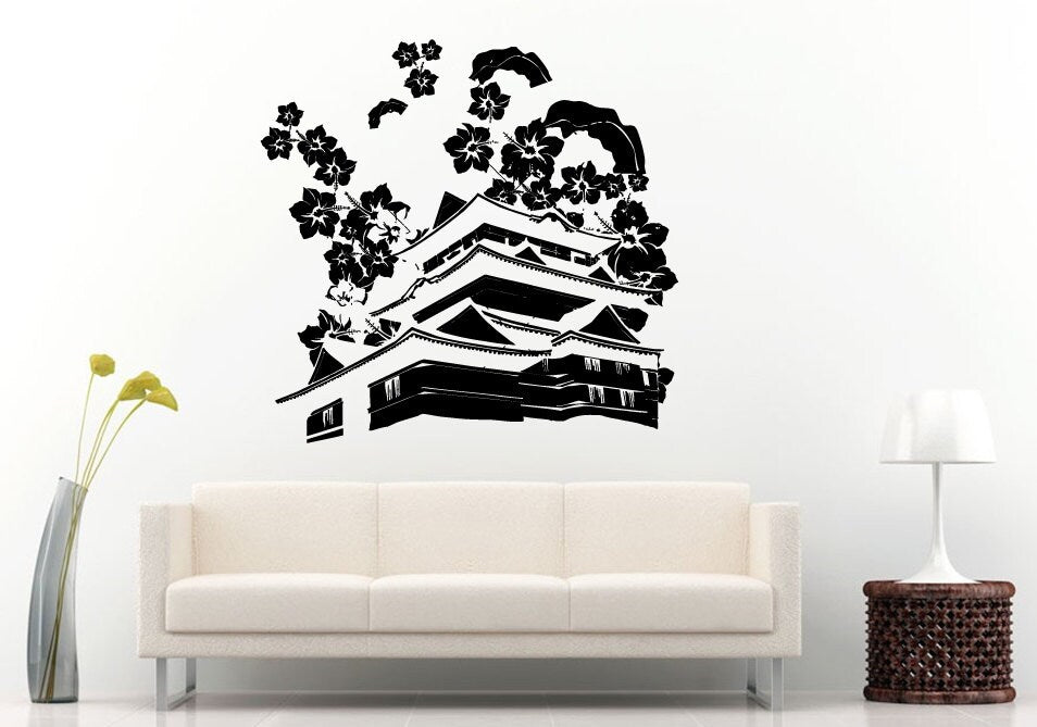 Pagoda Chinese Japanese Asian Eastern Architecture Building House Flowers Sakura Wall Decal Vinyl Sticker Mural Room Decor L1125
