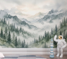 Load image into Gallery viewer, Panoramic Misty Forest Mountain Landscape Mural, Watercolor Pine Tree Wallpaper, Foggy Woodland Wall Mural, Sage Green Nature Decor 442DE