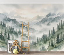 Load image into Gallery viewer, Panoramic Misty Forest Mountain Landscape Mural, Watercolor Pine Tree Wallpaper, Foggy Woodland Wall Mural, Sage Green Nature Decor 442DE