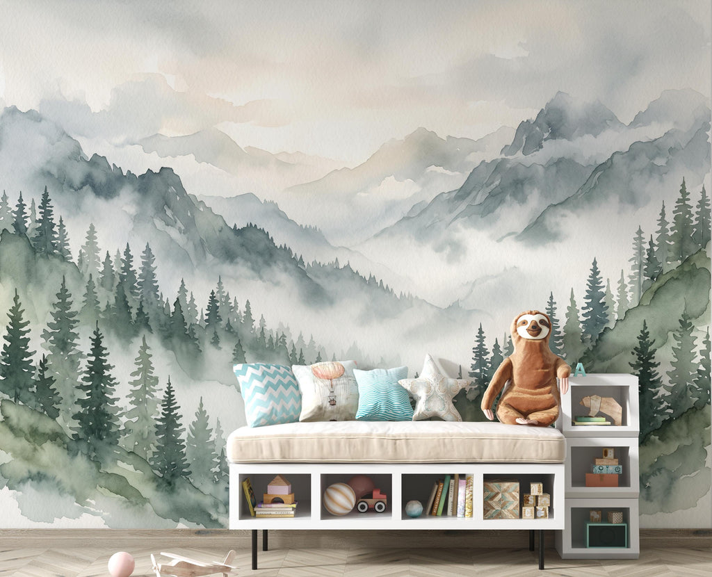 Panoramic Misty Forest Mountain Landscape Mural, Watercolor Pine Tree Wallpaper, Foggy Woodland Wall Mural, Sage Green Nature Decor 442DE