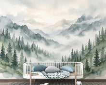 Load image into Gallery viewer, Panoramic Misty Forest Mountain Landscape Mural, Watercolor Pine Tree Wallpaper, Foggy Woodland Wall Mural, Sage Green Nature Decor 442DE