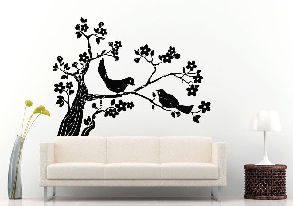 Sakura Japanese Tree Flower With Two Birds Sitting On The Branch Wall Decal Vinyl Sticker Mural Room Decor L1126