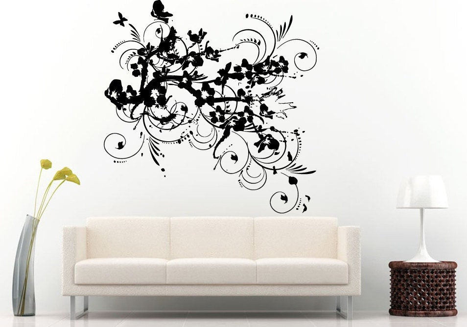 Sakura Japanese Tree Flower Branch Asian Nature Floral Decoration With Butterfly's Wall Decal Vinyl Sticker Mural Room Decor L1130