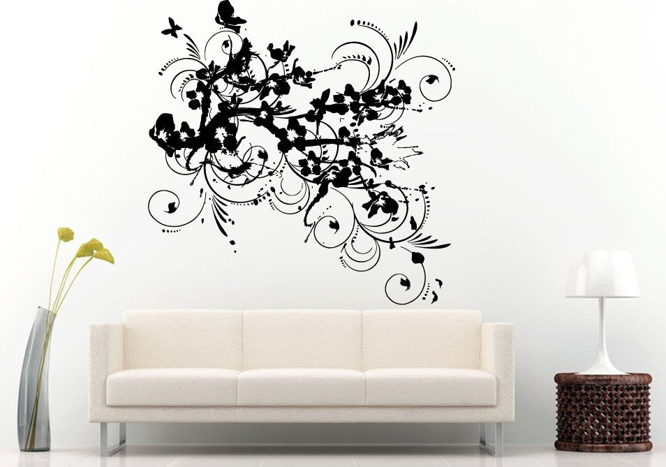 Sakura Japanese Tree Flower Branch Asian Nature Floral Decoration With Butterfly's Wall Decal Vinyl Sticker Mural Room Decor L1130