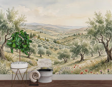 Load image into Gallery viewer, Tuscan Landscape Wallpaper, Watercolor Olive Grove Wall Mural, Italian Countryside Wallpaper, Mediterranean Wall Decor, Peel Stick 1201RS