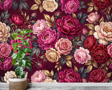 Load image into Gallery viewer, Burgundy Floral Wallpaper, Vintage Peony Rose Wall Mural, Moody Botanical Wallpaper, Dark Romantic Wallpaper, Peel and Stick 1204RS