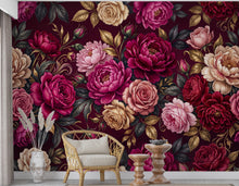 Load image into Gallery viewer, Burgundy Floral Wallpaper, Vintage Peony Rose Wall Mural, Moody Botanical Wallpaper, Dark Romantic Wallpaper, Peel and Stick 1204RS