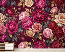 Load image into Gallery viewer, Burgundy Floral Wallpaper, Vintage Peony Rose Wall Mural, Moody Botanical Wallpaper, Dark Romantic Wallpaper, Peel and Stick 1204RS