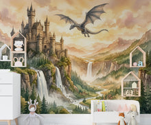 Load image into Gallery viewer, Castle Wall Mural, Fairy Tale Kingdom Wallpaper, Watercolor Waterfall Landscape, Magic Mountain Nursery Art, Dragon Peel and Stick Mural