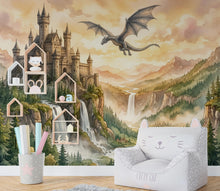 Load image into Gallery viewer, Castle Wall Mural, Fairy Tale Kingdom Wallpaper, Watercolor Waterfall Landscape, Magic Mountain Nursery Art, Dragon Peel and Stick Mural