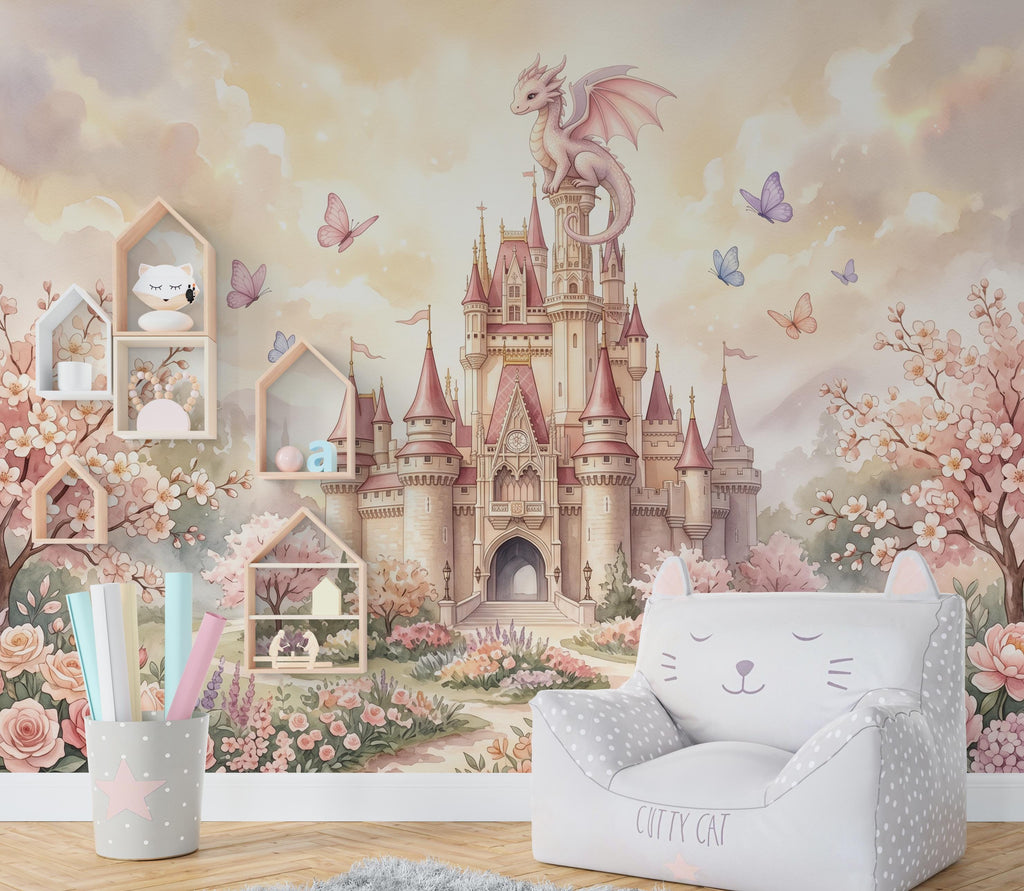 Castle Wall Mural, Fairy Tale Kingdom Wallpaper, Watercolor Waterfall Landscape, Magic Mountain Nursery Art, Dragon Peel and Stick Mural