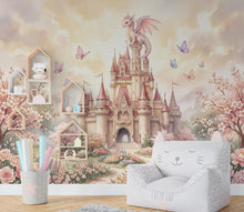 Load image into Gallery viewer, Castle Wall Mural, Fairy Tale Kingdom Wallpaper, Watercolor Waterfall Landscape, Magic Mountain Nursery Art, Dragon Peel and Stick Mural