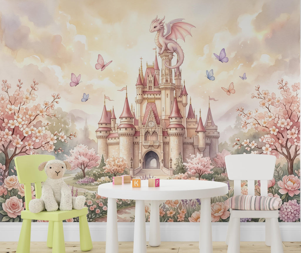 Castle Wall Mural, Fairy Tale Kingdom Wallpaper, Watercolor Waterfall Landscape, Magic Mountain Nursery Art, Dragon Peel and Stick Mural