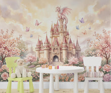 Load image into Gallery viewer, Castle Wall Mural, Fairy Tale Kingdom Wallpaper, Watercolor Waterfall Landscape, Magic Mountain Nursery Art, Dragon Peel and Stick Mural