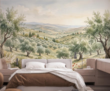 Load image into Gallery viewer, Tuscan Landscape Wallpaper, Watercolor Olive Grove Wall Mural, Italian Countryside Wallpaper, Mediterranean Wall Decor, Peel Stick 1201RS
