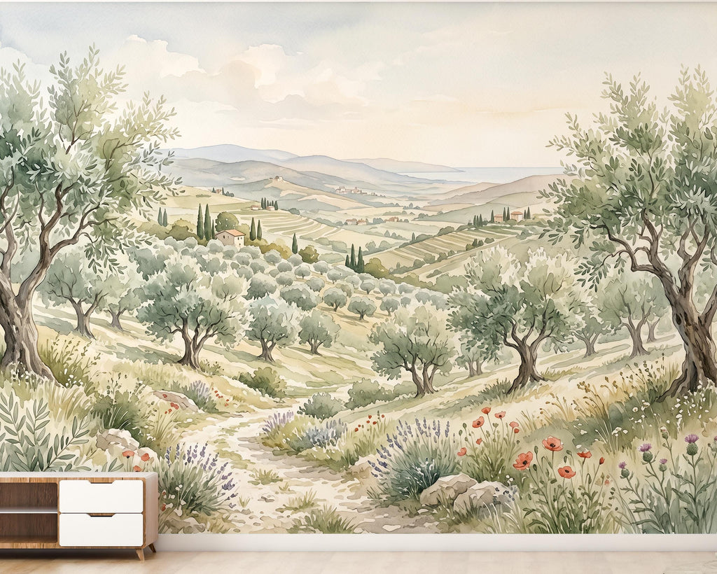 Tuscan Landscape Wallpaper, Watercolor Olive Grove Wall Mural, Italian Countryside Wallpaper, Mediterranean Wall Decor, Peel Stick 1201RS