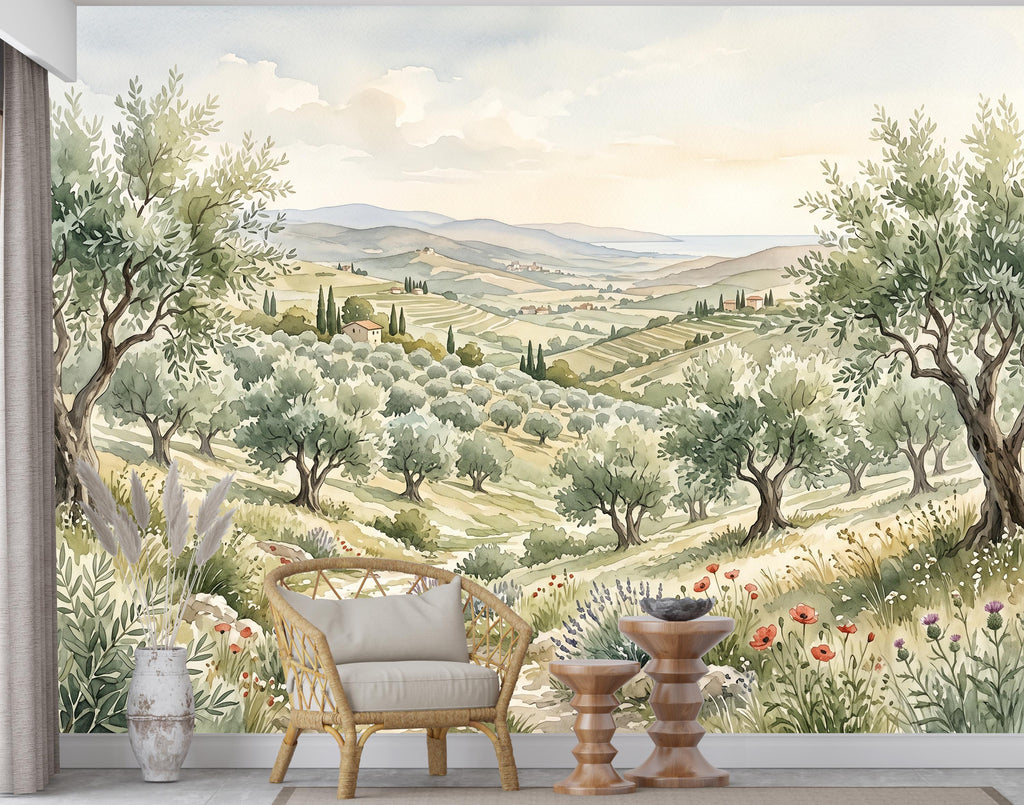 Tuscan Landscape Wallpaper, Watercolor Olive Grove Wall Mural, Italian Countryside Wallpaper, Mediterranean Wall Decor, Peel Stick 1201RS