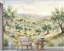 Load image into Gallery viewer, Tuscan Landscape Wallpaper, Watercolor Olive Grove Wall Mural, Italian Countryside Wallpaper, Mediterranean Wall Decor, Peel Stick 1201RS