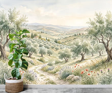 Load image into Gallery viewer, Tuscan Landscape Wallpaper, Watercolor Olive Grove Wall Mural, Italian Countryside Wallpaper, Mediterranean Wall Decor, Peel Stick 1201RS