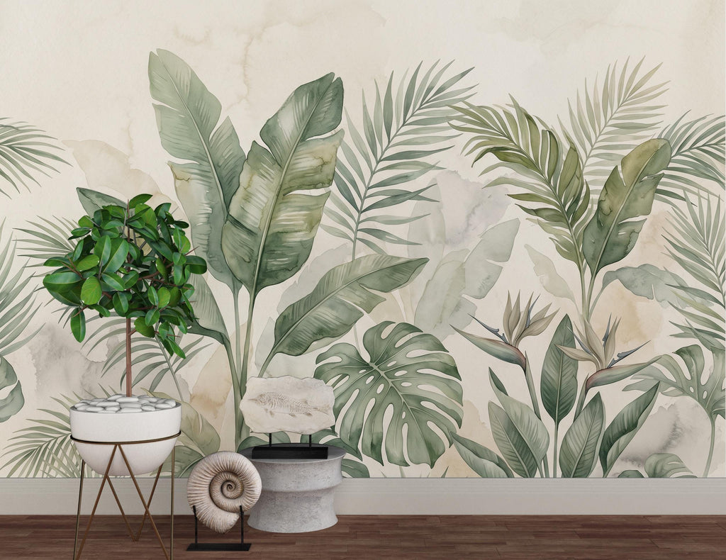 Tropical Botanical Wallpaper, Palm Leaf Wall Mural, Monstera Banana Leaf Wallpaper, Neutral Jungle Decor, Peel and Stick Wallpaper 1202RS