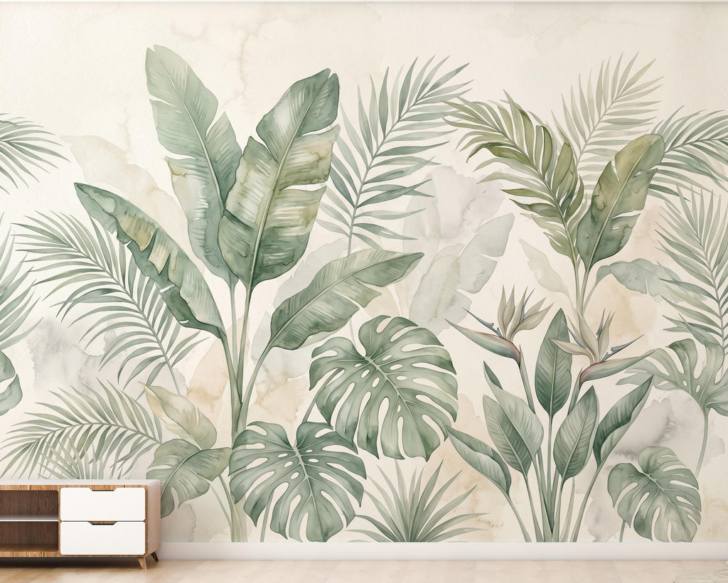 Tropical Botanical Wallpaper, Palm Leaf Wall Mural, Monstera Banana Leaf Wallpaper, Neutral Jungle Decor, Peel and Stick Wallpaper 1202RS