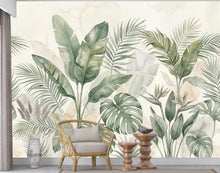 Load image into Gallery viewer, Tropical Botanical Wallpaper, Palm Leaf Wall Mural, Monstera Banana Leaf Wallpaper, Neutral Jungle Decor, Peel and Stick Wallpaper 1202RS