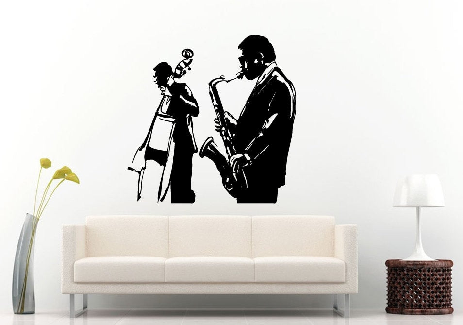 Jazz Sax Saxophone Instrument Tool Band Musical Genre Man Band Player Bass Guitar Wall Decal Vinyl Sticker Mural Room Decor L1147