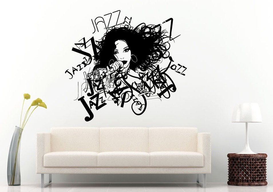 Jazz Sax Saxophone Instrument Tool Band Musical Genre Woman Girl Vocalist Microphone Band Wall Decal Vinyl Sticker Mural Room Decor L1148