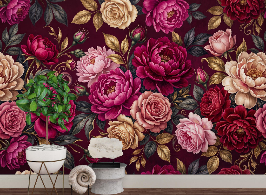 Burgundy Floral Wallpaper, Vintage Peony Rose Wall Mural, Moody Botanical Wallpaper, Dark Romantic Wallpaper, Peel and Stick 1204RS
